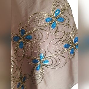 B.Boutique Wrap; Tan with Blue Sequins & Gold Embroidery